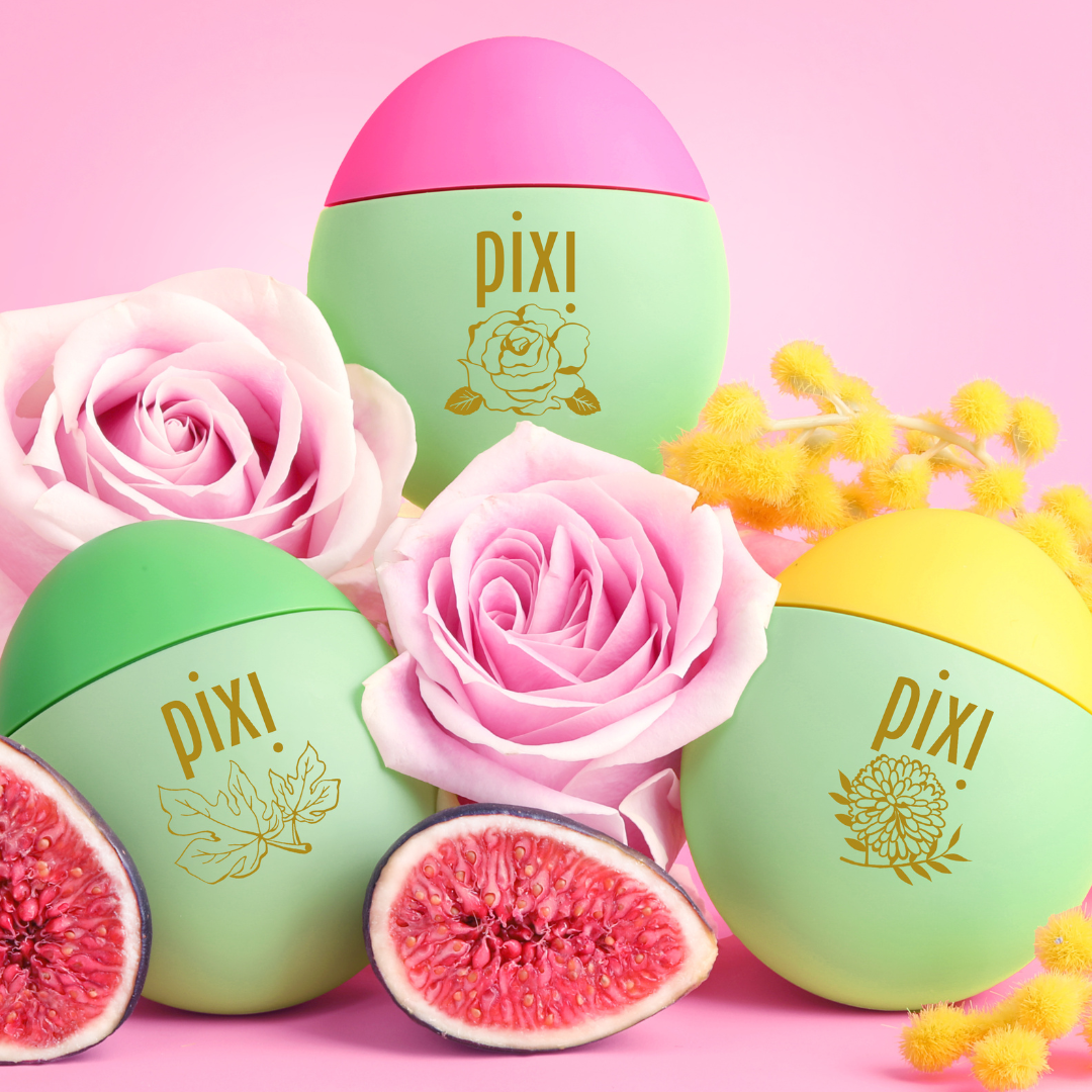 HandHero trio featuring PixiRose, PixiMimosa and PixiFig shown on a pink background with roses, mimosa blooms and figs