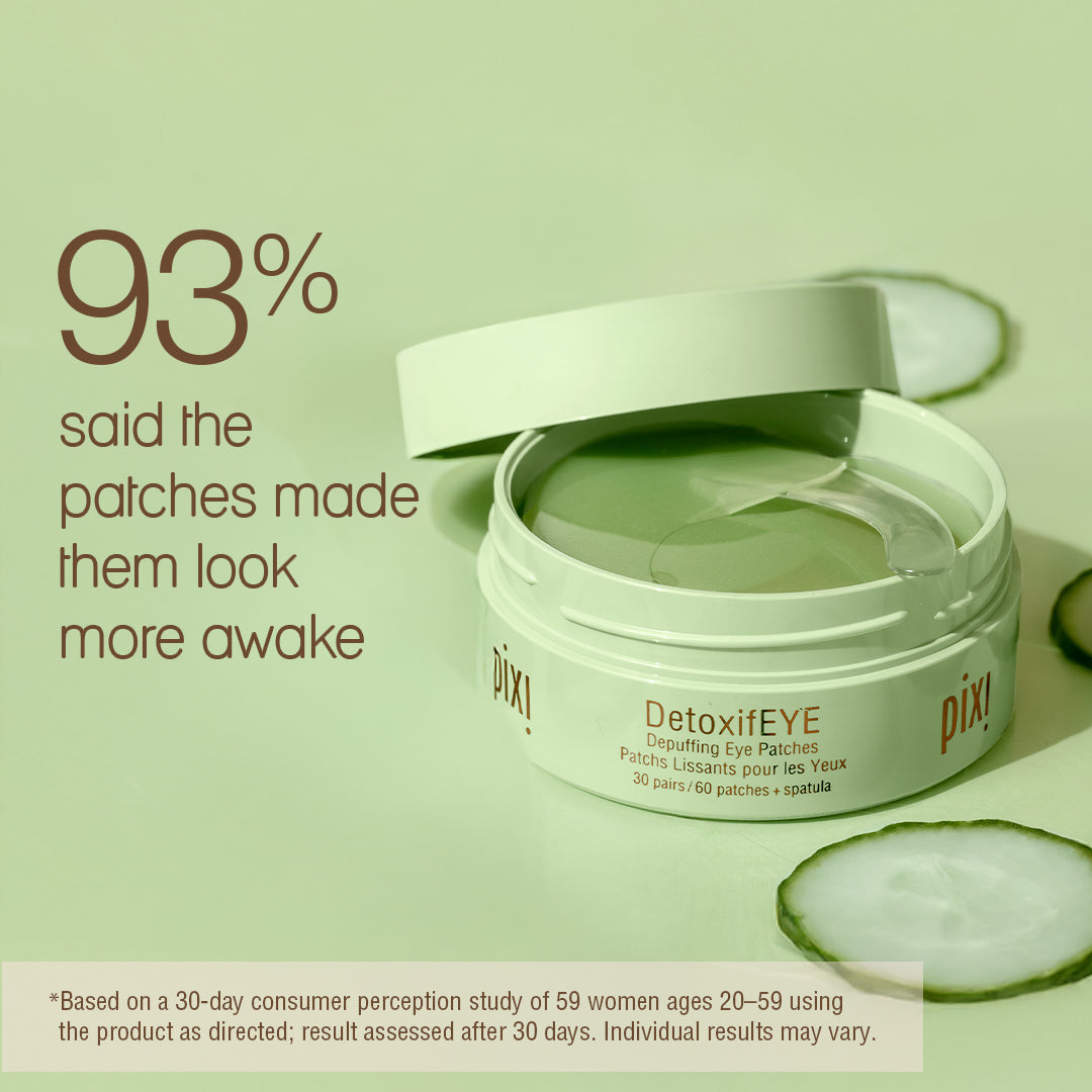 Pixi DetoxiEYE Depuffing eye patches in a light green jar with the lid open, set against a matching light green background with cucumber slices and marketing text about 93% of users saying the patches make them look more awake.  *Based on a 30-day consumer perception study of 59 women ages 20-59 using the product as directed; result assessed after 30 days. Individual results may vary.