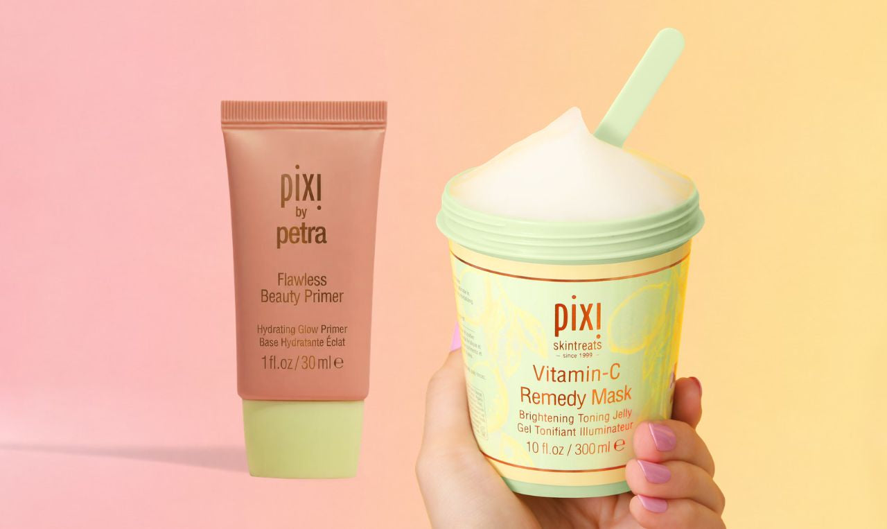 Flawless Beauty Primer and Vitamin-C Remedy Mask shown on a radiant pink and yellow background - View 2