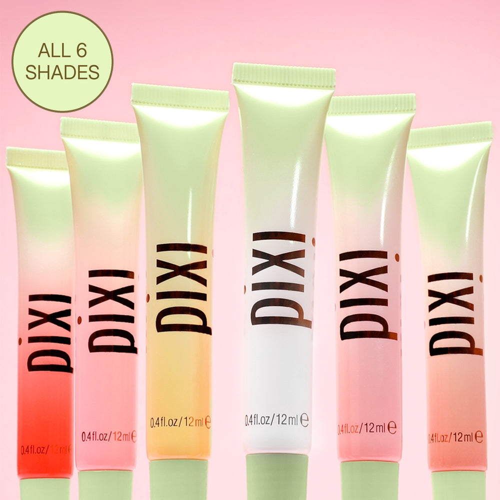 Six Pixi cosmetic squeeze tubes arranged upright on a soft pink background, each showing a different shade from the brand's all-6-shades collection. The tubes feature a light green-to-pastel gradient with coral, peach, yellow, and white tones, and the brand name 'PIXI' is printed vertically in black.