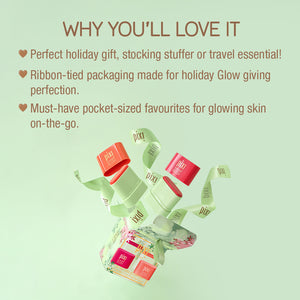 Why You'll Love It - Perfect Holiday gift, stocking stuffer or travel essential! Ribbon-tied packaging made for holiday Glow giving perfection. Must-have pocket-sized favourites for glowing skin on the go.