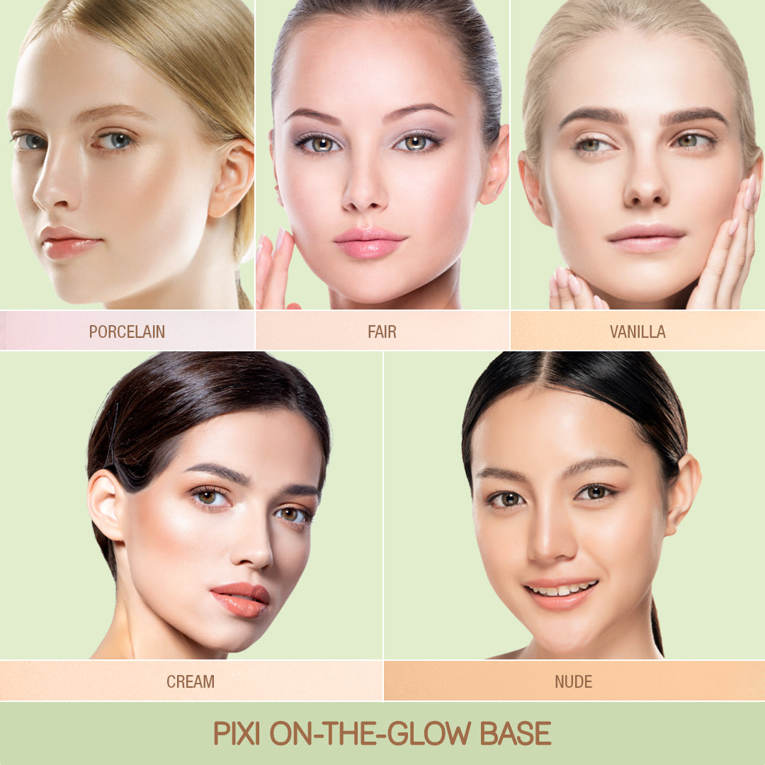 On-The-Glow Base Shades Porcelain, Fair, Vanilla, Cream and Nude.