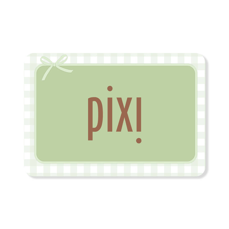 Pixi Gift Card with ribbon and green and white border design view 1