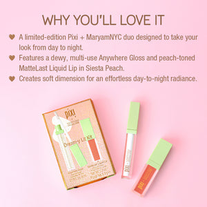 WHY YOU’LL LOVE IT: A limited-edition Pixi + MaryamNYC duo designed to take your look from day to night. Features a dewy, multi-use Anywhere Gloss and peach-toned MatteLast Liquid Lip in Siesta Peach. Creates soft dimension for an effortless day-to-night radiance.