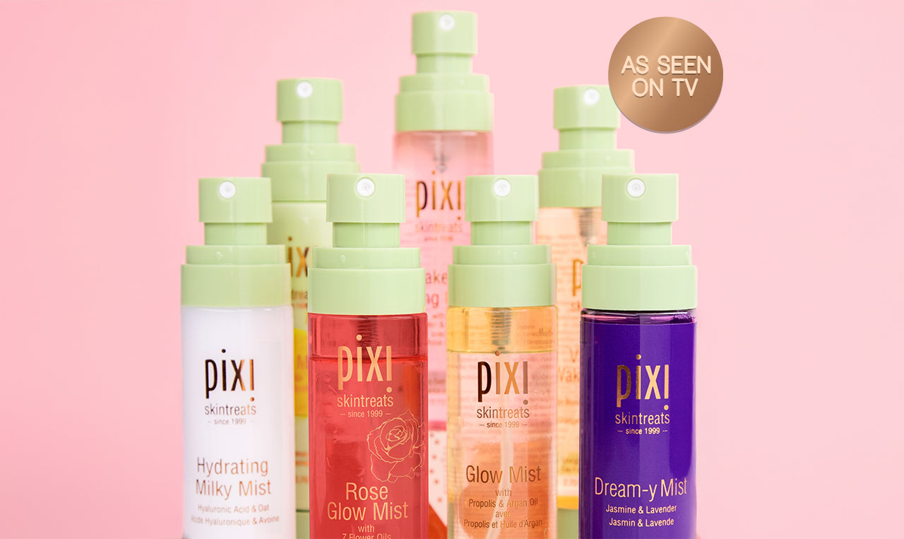 Collection of mists on a pink background with "As Seen on TV" sticker