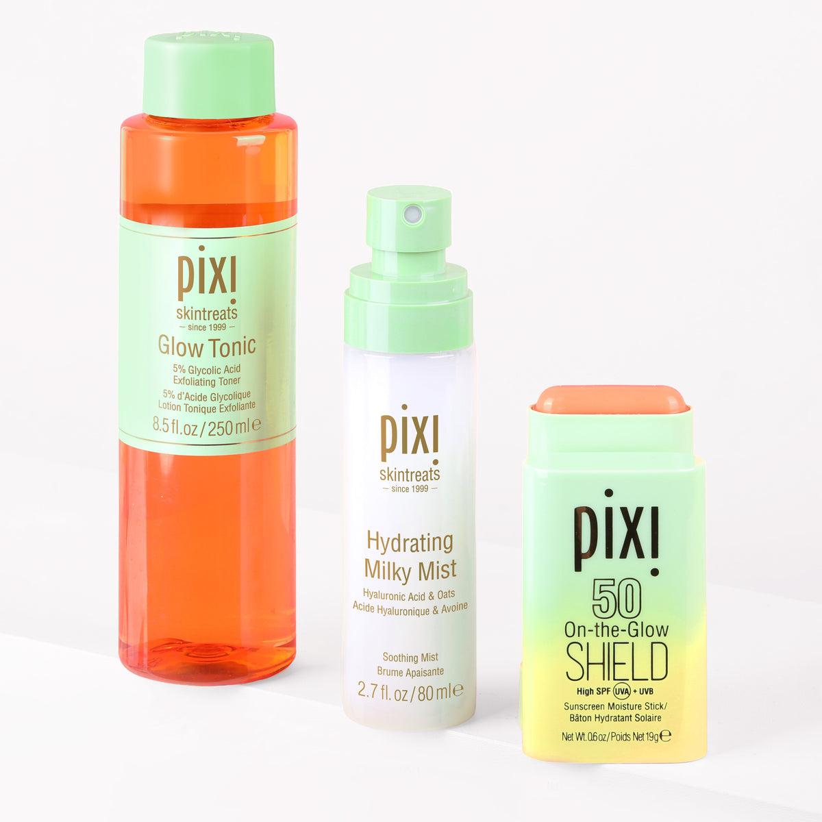 Bundle image shown on a white background featuring Glow Tonic, Hydrating Milky Mist and On-the-Glow SHIELD SPF 50 -