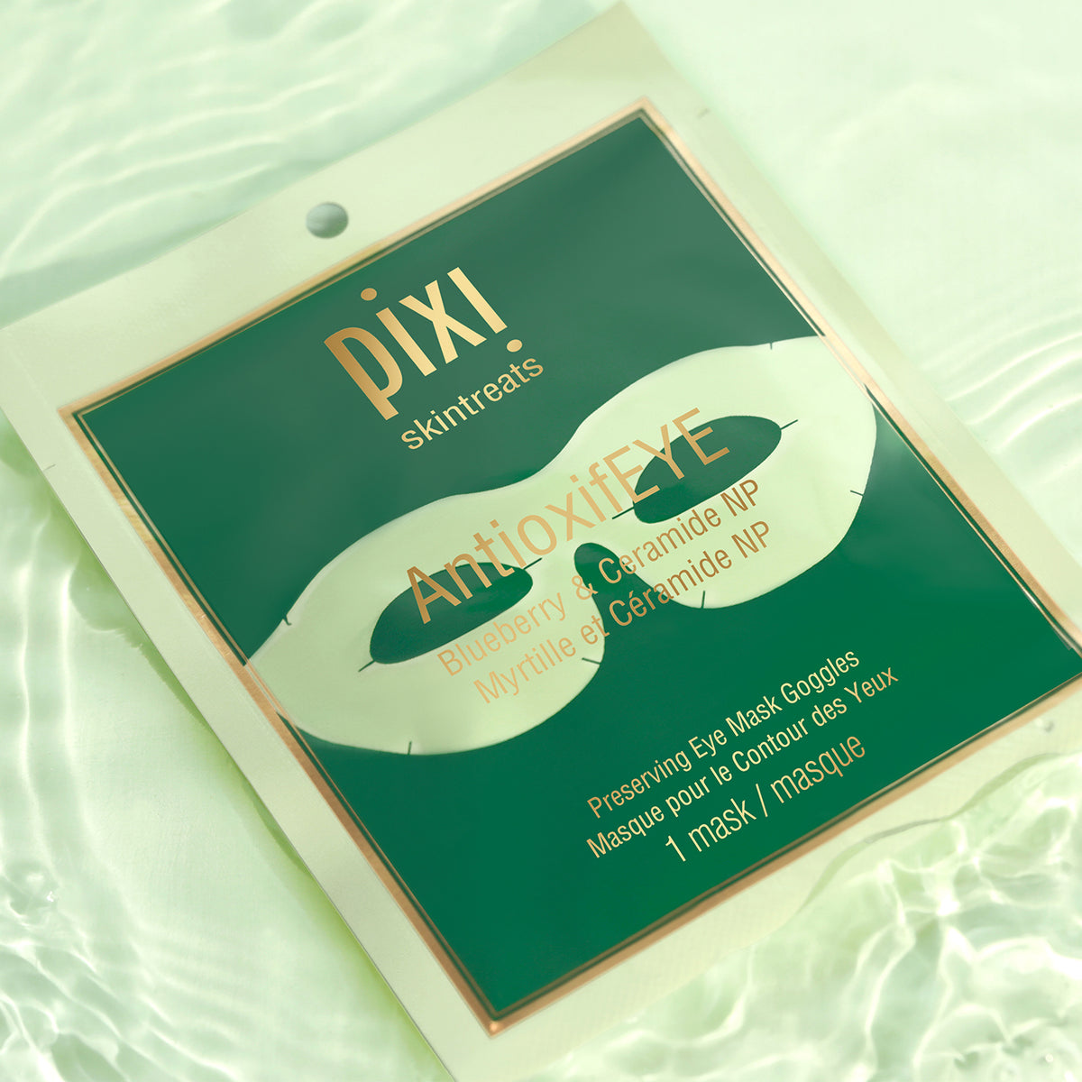 PIXI! AntioxifEYE eye mask packaging on a light green background