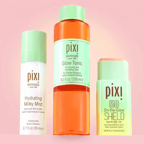 Pixi skincare products including Hydrating Milky Mist, Glow Tonic, and On-the-Glow Shield on a pink background view 1