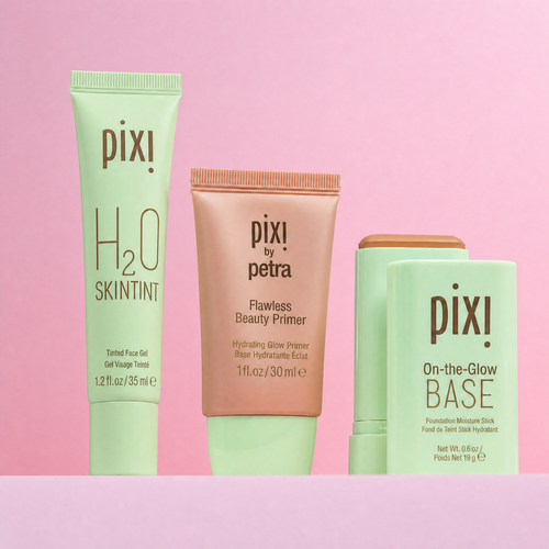 Complexion Collection bundle featuring H2O Skintint, Flawless Beauty Primer and On-the-Glow BASE shown on a pink background view 1