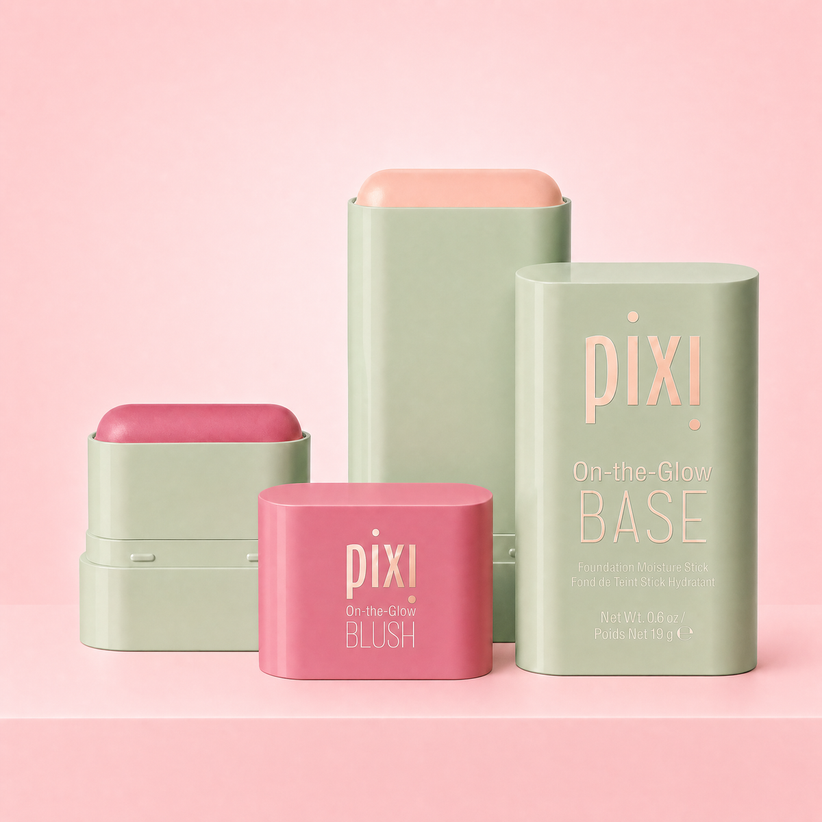 On-the-Glow Starter Kit shown on a pink background featuring On-the-Glow Tonic BLUSH Petite and On-the-Glow BASE